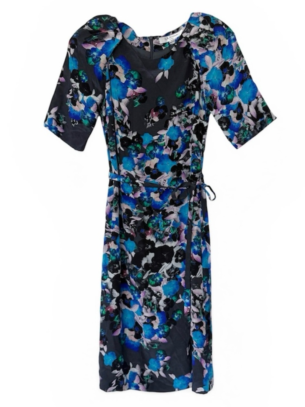 LK Bennett 100% Silk Floral Puff Sleeve A-Line Midi Dress Black Blue Size 2 NWT